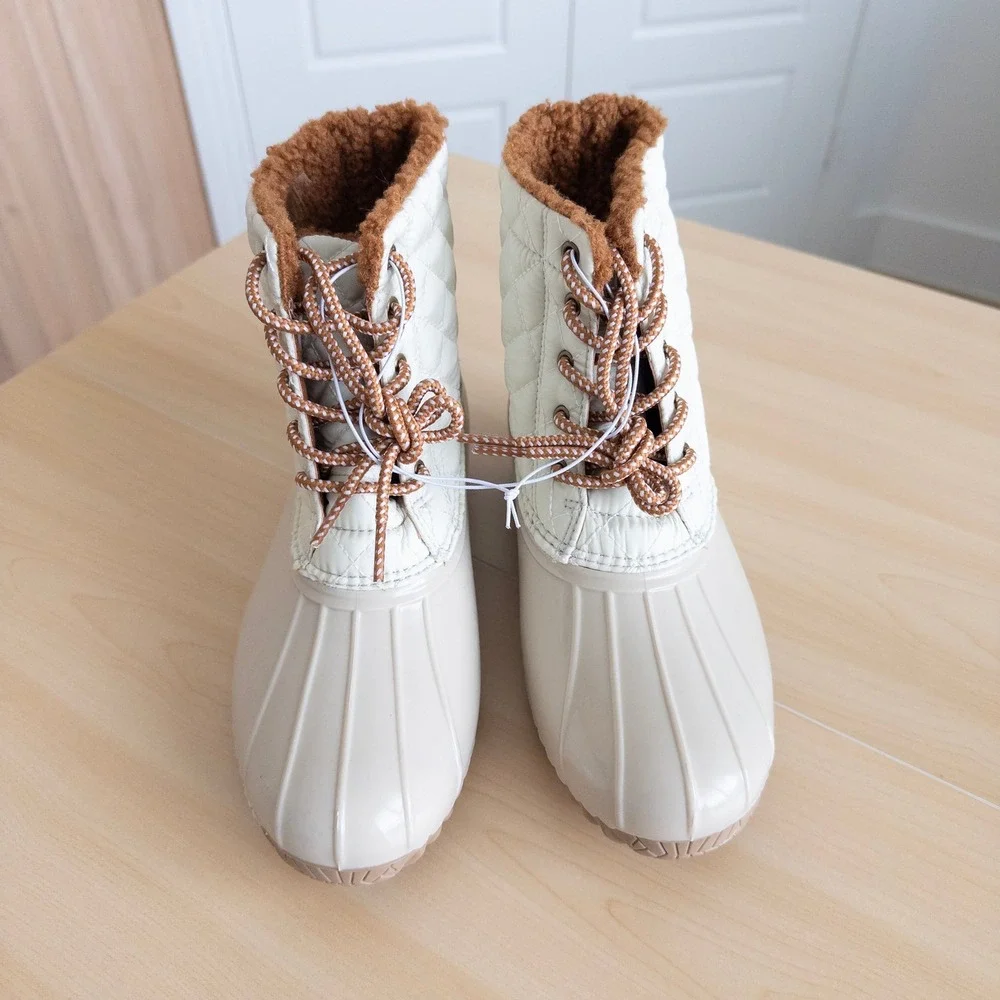 Sporto Womens Duck Boots Size 8 Cream Quilted Faux Fur Andie Water Repellant